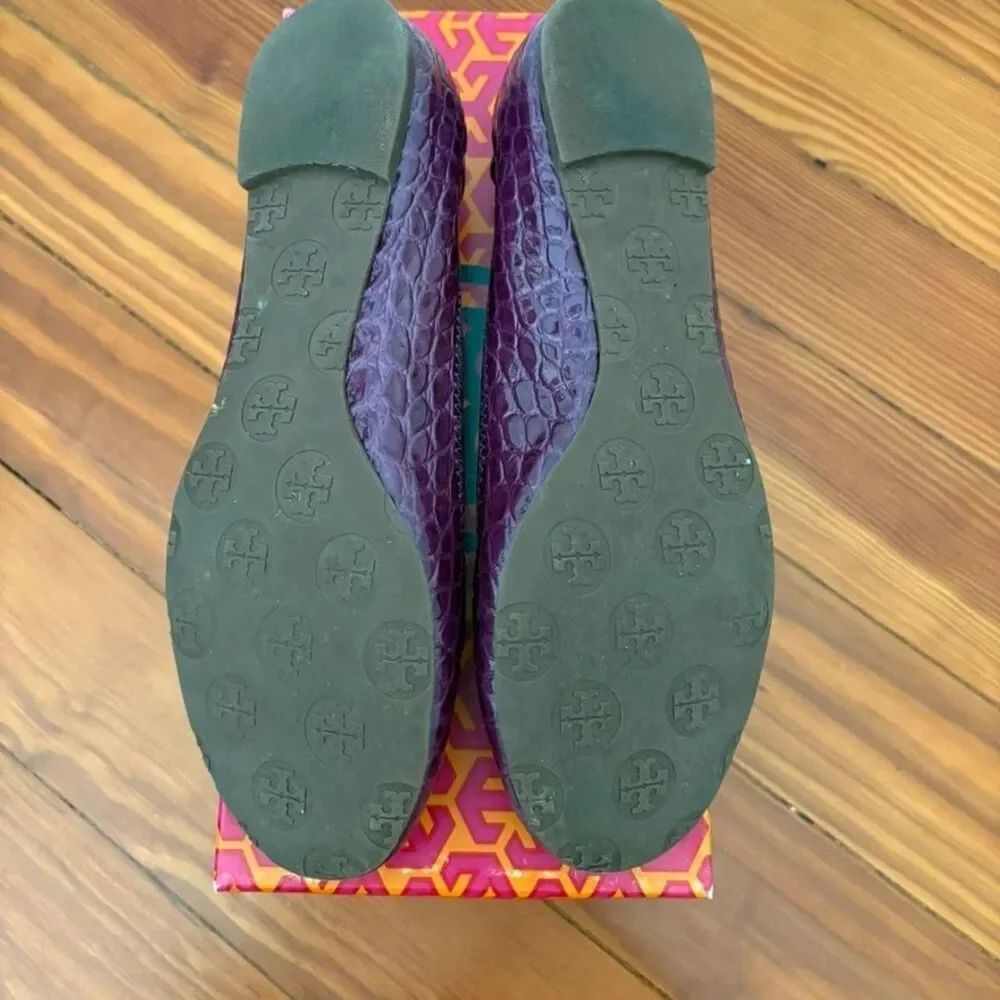 Tory Burch Reva Tonal Logo Patent Petit Dorothy Croc Ballet Flats in Sweet Plum